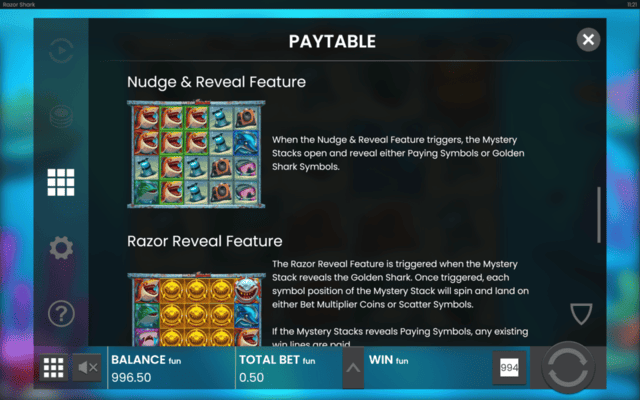 Razor Shark Paytable Nudge and Reveal Feature